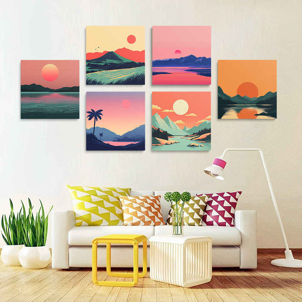 Puesta del Sol sobre Montañas y Mar 6 Partes Mini Pintar por Números