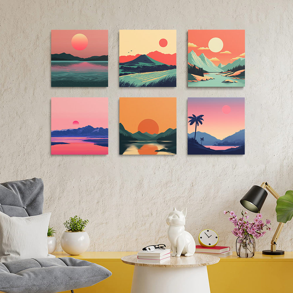 Puesta del Sol sobre Montañas y Mar 6 Partes Mini Pintar por Números