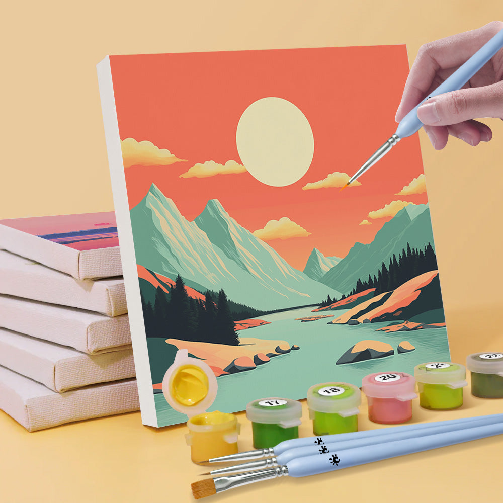 Puesta del Sol sobre Montañas y Mar 6 Partes Mini Pintar por Números