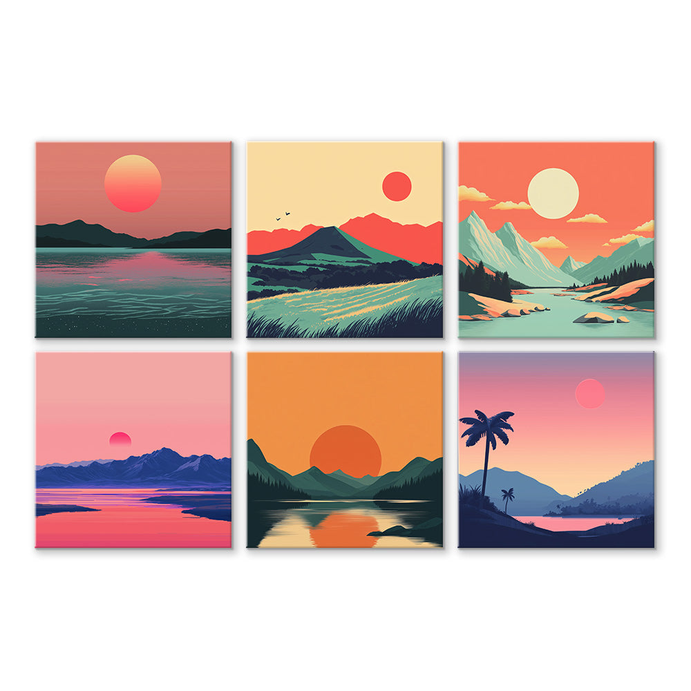 Puesta del Sol sobre Montañas y Mar 6 Partes Mini Pintar por Números