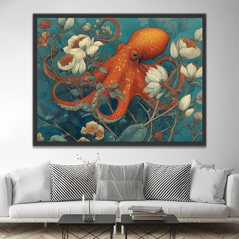 Pulpo Naranja Enredado con Vinas de Flores Blancas Pintar por Números