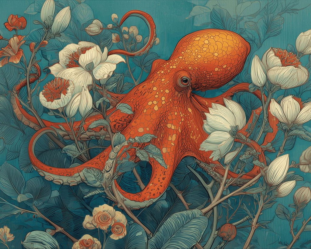 Pulpo Naranja Enredado con Vinas de Flores Blancas Pintar por Números