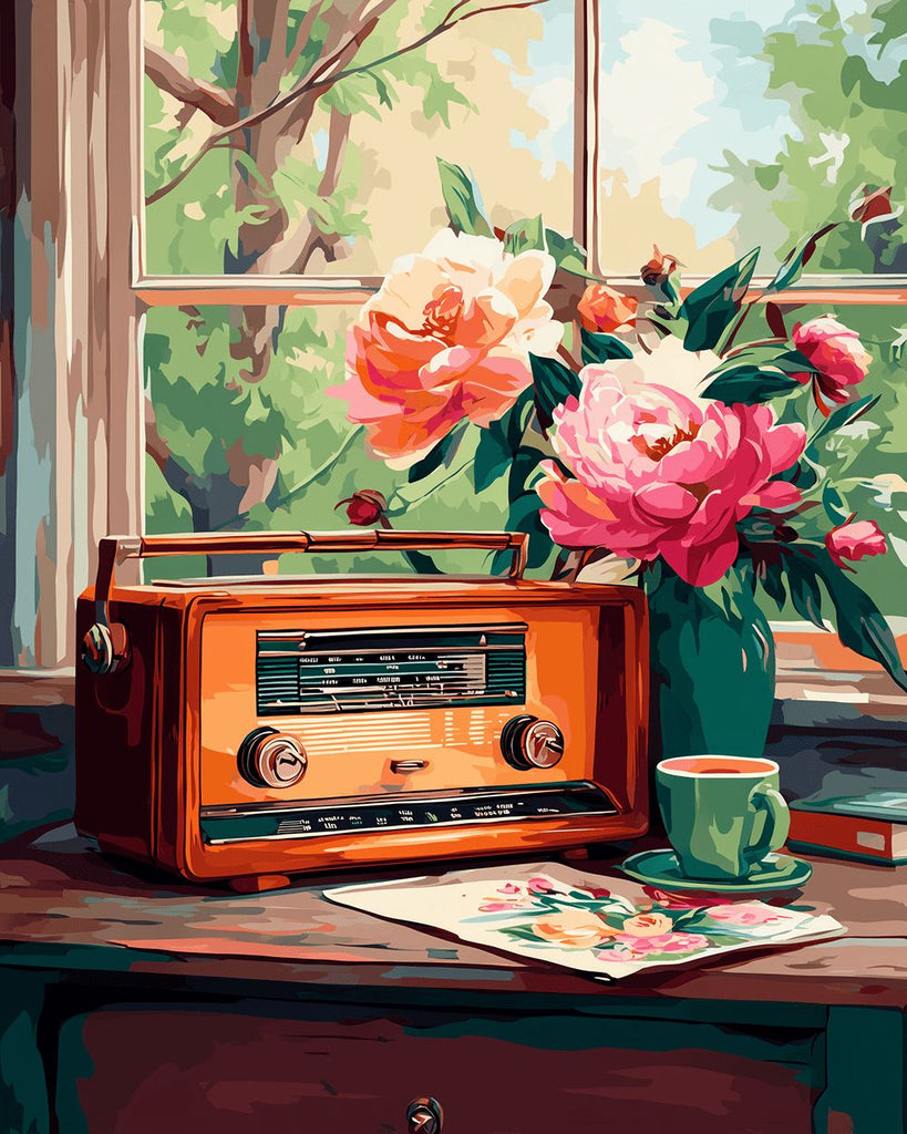 Radio y Peonías en el Alféizar Pintar por Números