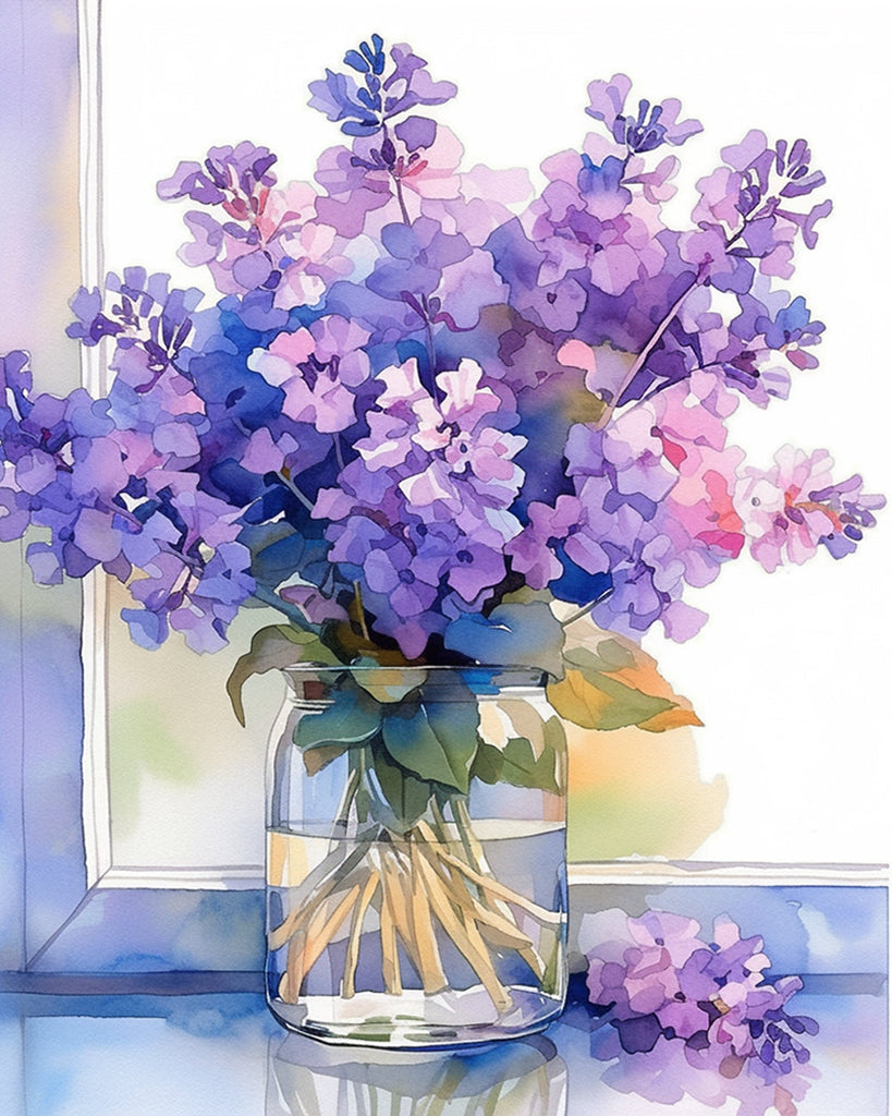 Ramo de Flores Moradas en Botella de Vidrio Pintar por Números