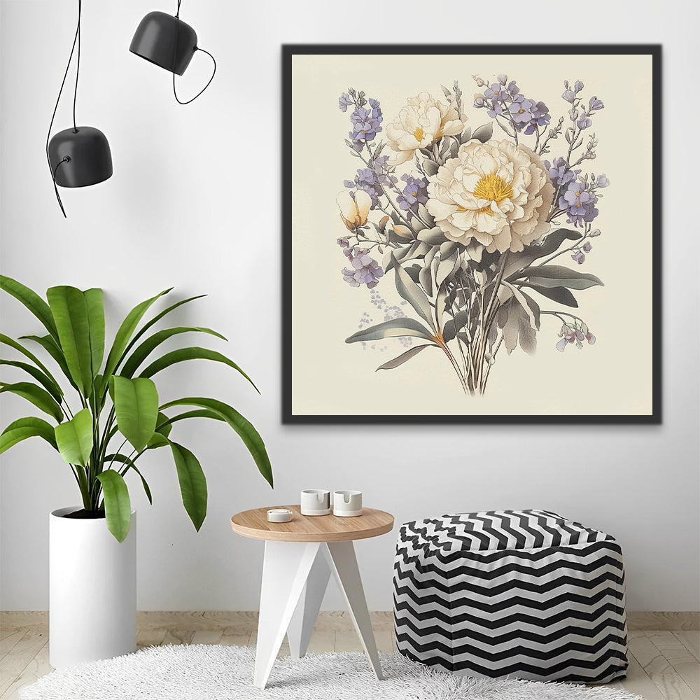 Ramo de Peonías Blancas y Flores Moradas Pintar por Números