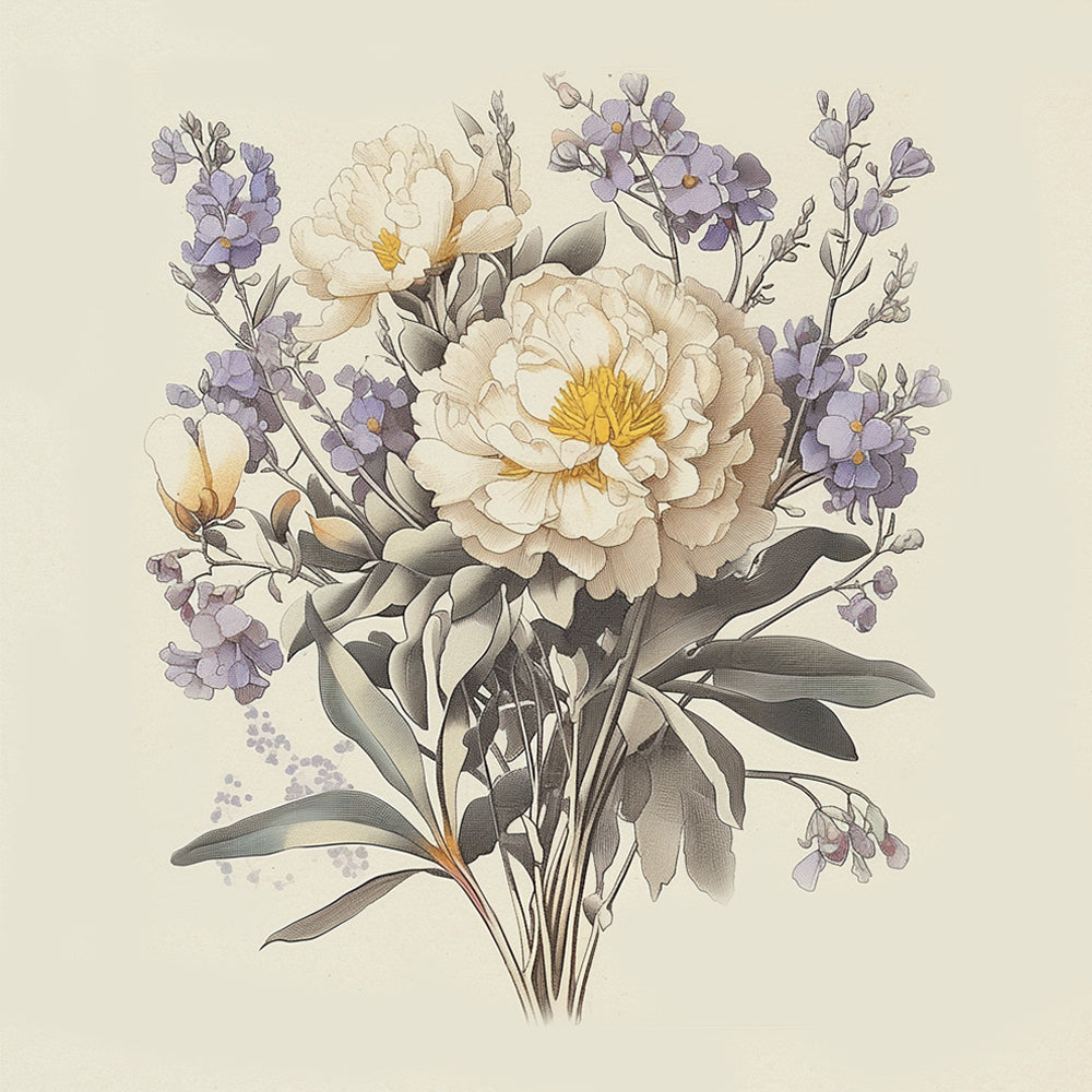 Ramo de Peonías Blancas y Flores Moradas Pintar por Números