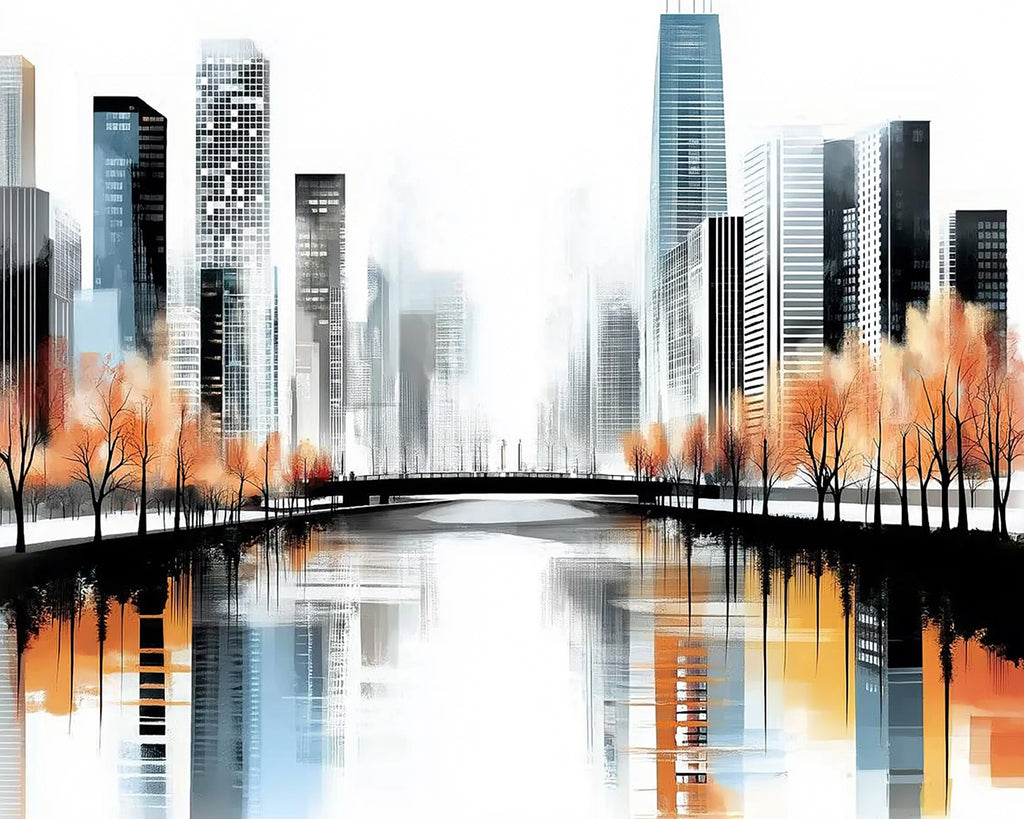 Río entre Árboles y Edificios Altos Pintar por Números
