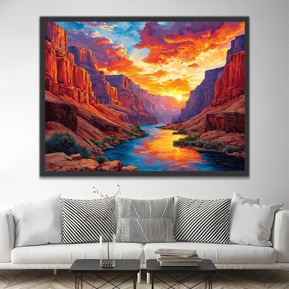 Río entre Montañas al Atardecer Pintar por Números