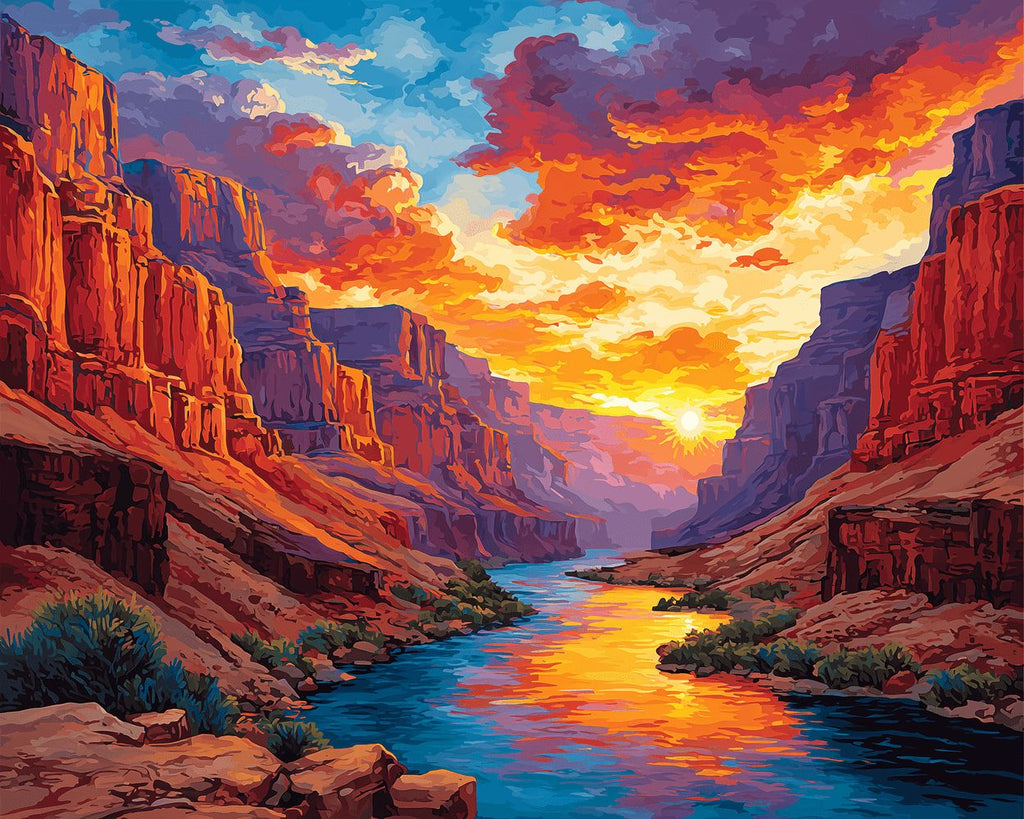 Río entre Montañas al Atardecer Pintar por Números