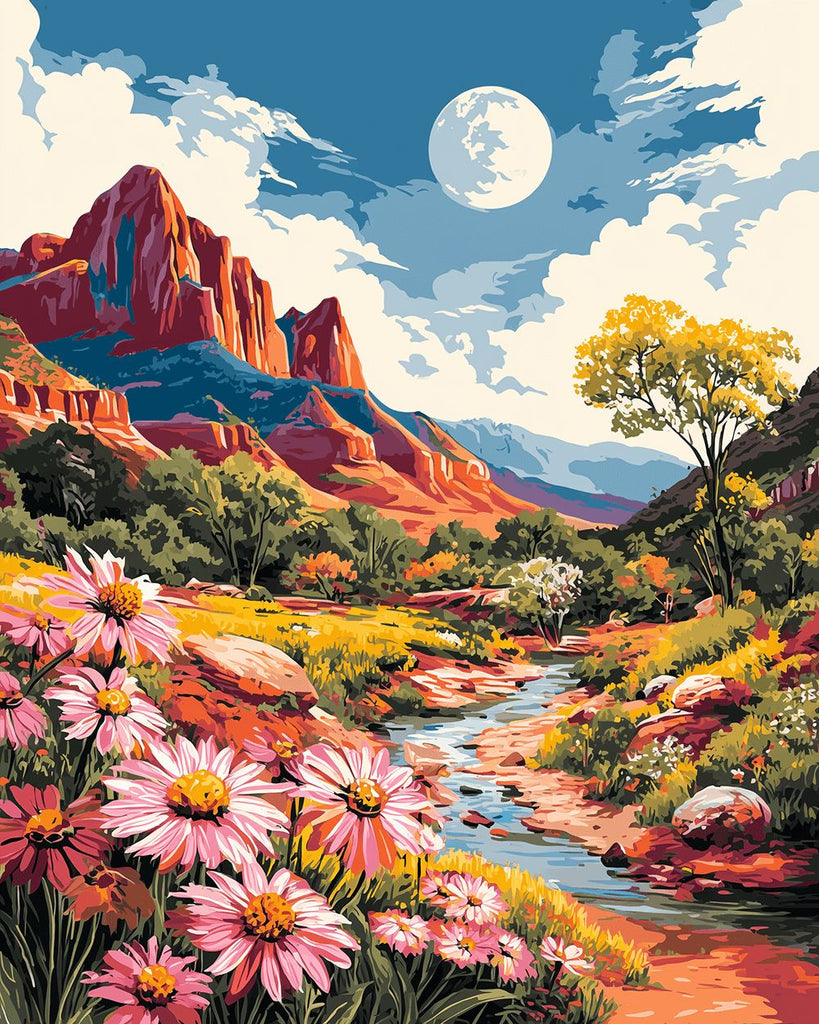 Río y Crisantemos Rosados en el Valle Pintar por Números