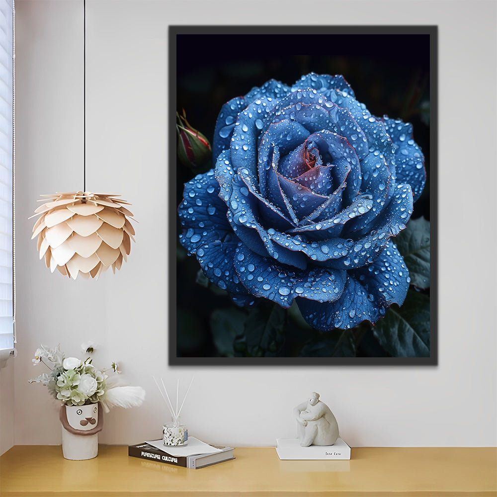 Rosa Azul con Gotas de Agua en el Fondo Negro Pintar por Números
