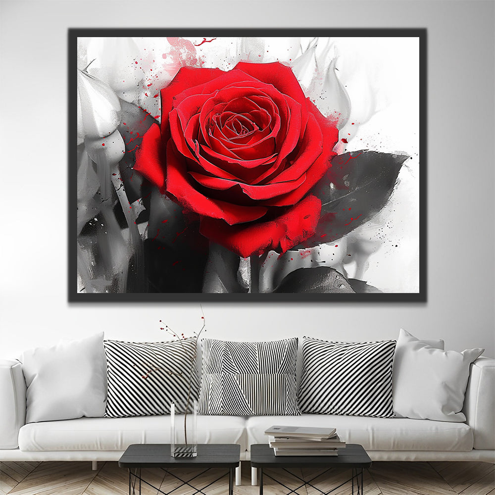 Rosa con Pétalos Rojos y Hojas Grises Pintar por Números