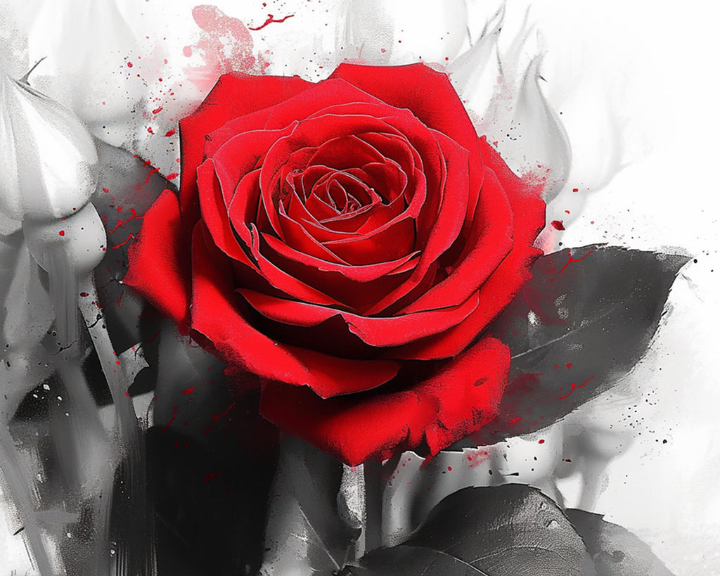Rosa con Pétalos Rojos y Hojas Grises Pintar por Números