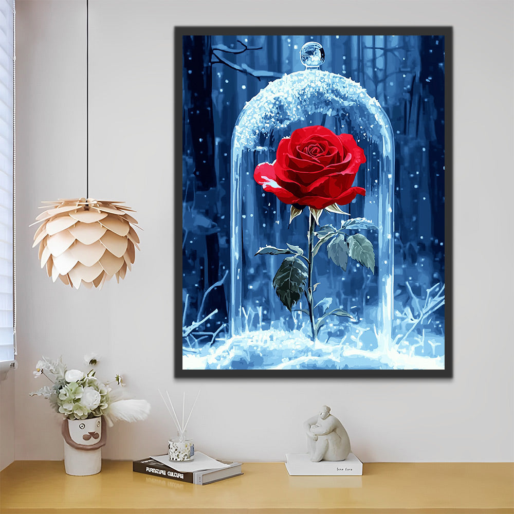 Rosa Roja en Cúpula de Vidrio en la Nieve Pintar por Números