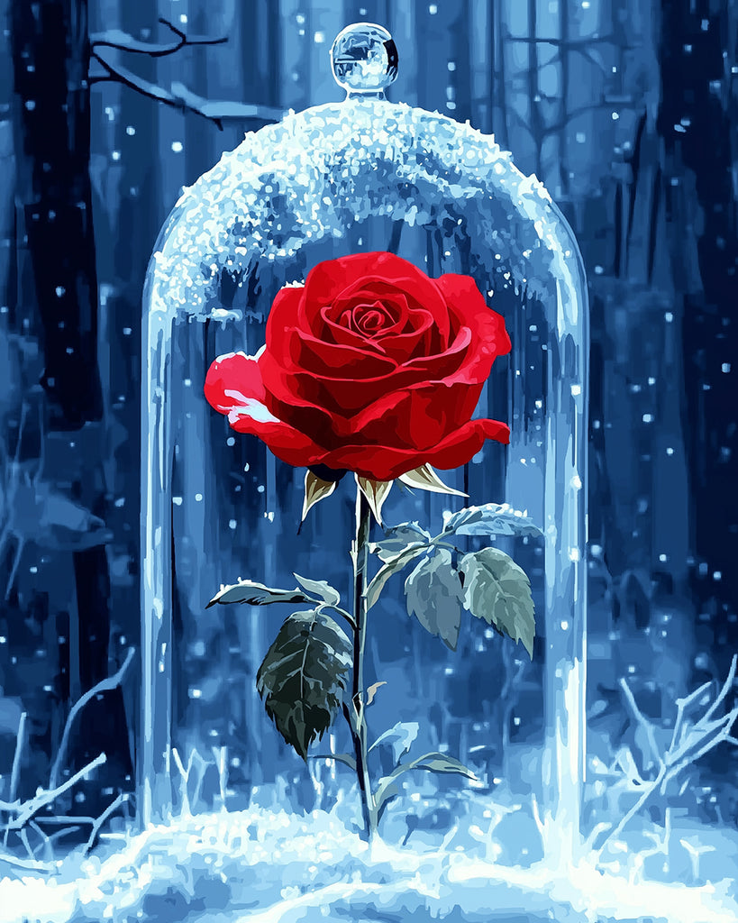 Rosa Roja en Cúpula de Vidrio en la Nieve Pintar por Números