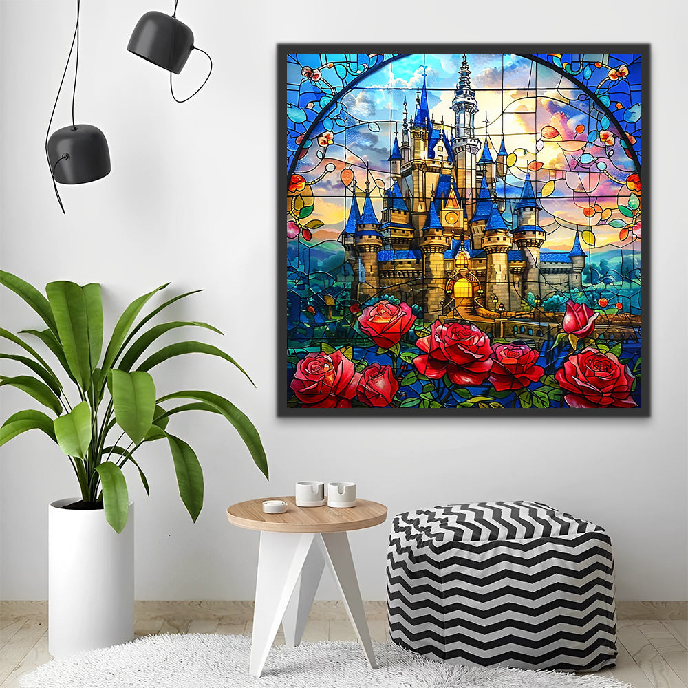 Rosas Rojas y Castillo y Ventana de Vidrio Colorido Pintar por Números