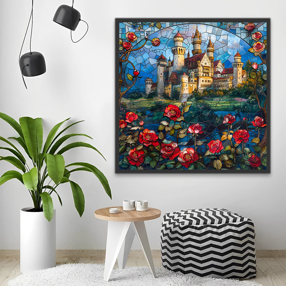 Rosas Rojas y Ventana Azul con Fondo de Castillo Pintar por Números