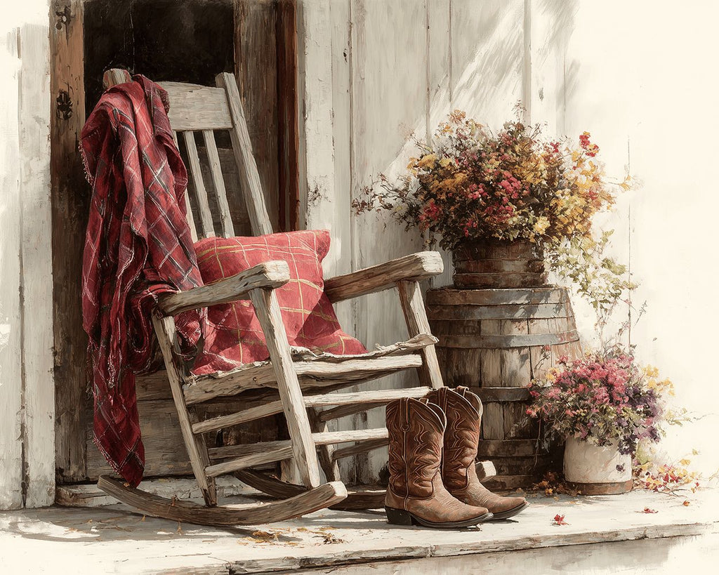 Silla Mecedora de Madera y Botas Rojas Pintar por Números