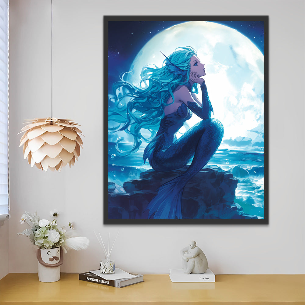 Sirena Azul Sentada sobre Roca de Mar con Luz de la Luna Pintar por Números