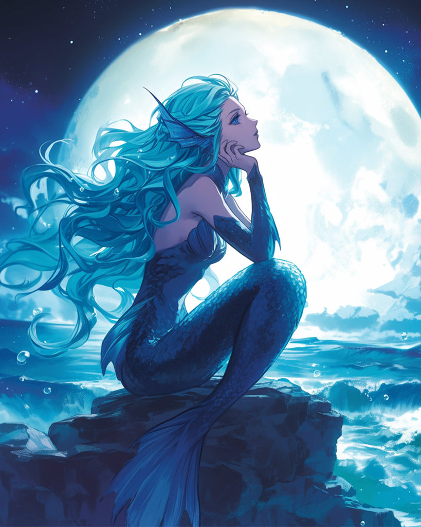 Sirena Azul Sentada sobre Roca de Mar con Luz de la Luna Pintar por Números