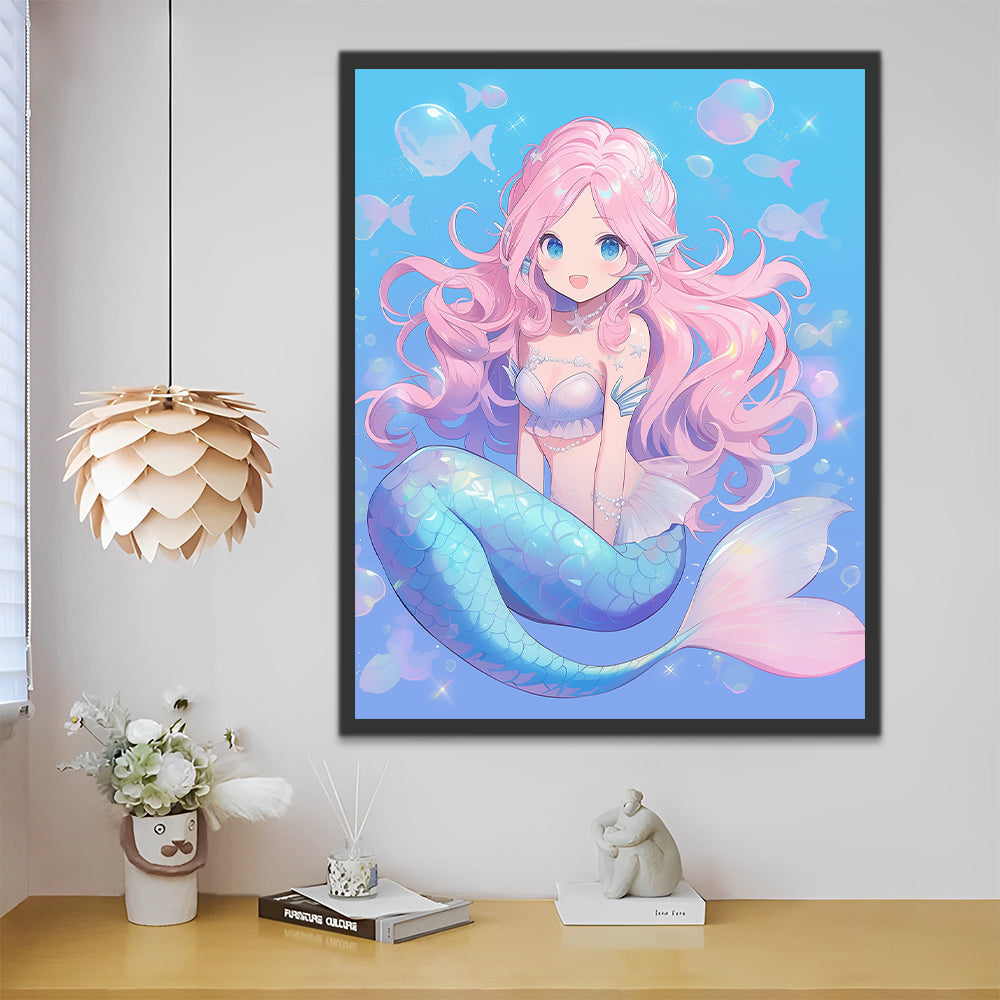 Sirena Hermosa de Cabello Rosa Rodeada de Burbujas Pintar por Números