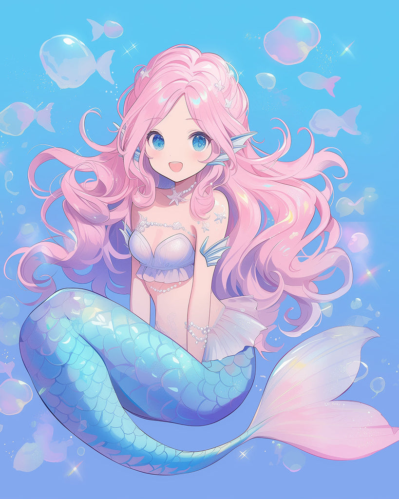 Sirena Hermosa de Cabello Rosa Rodeada de Burbujas Pintar por Números
