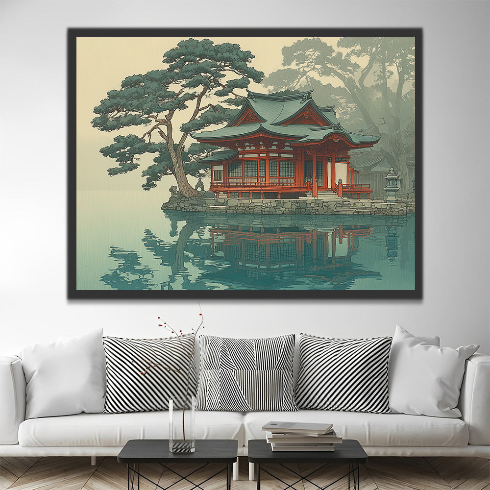 Templo Junto al Lago y Árboles Pintar por Números