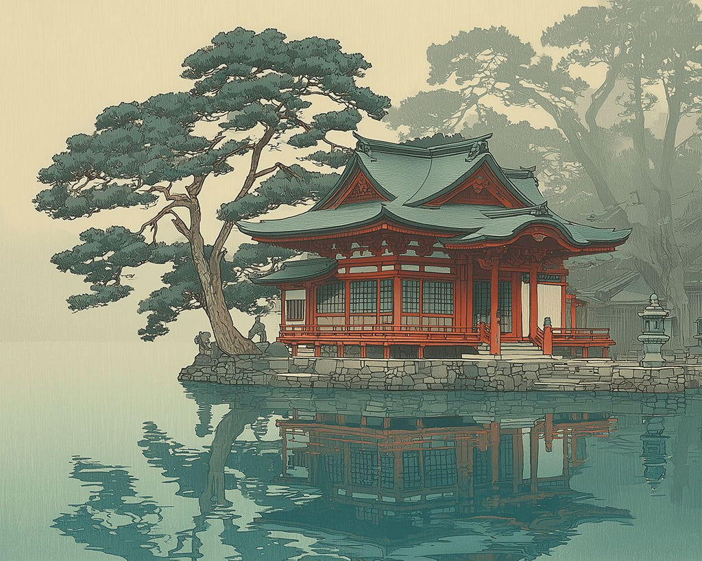 Templo Junto al Lago y Árboles Pintar por Números