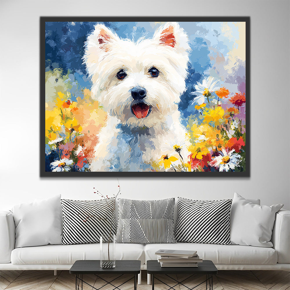 Terrier Westie Blanco y Crisantemos Pintar por Números