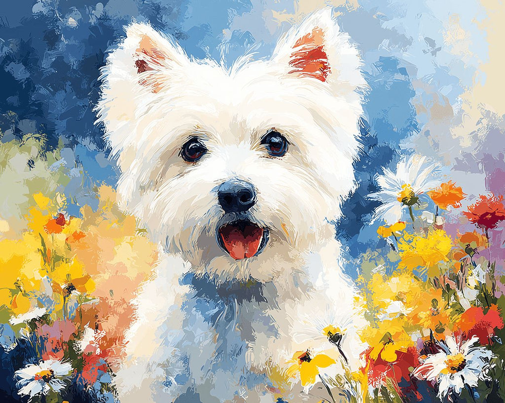 Terrier Westie Blanco y Crisantemos Pintar por Números