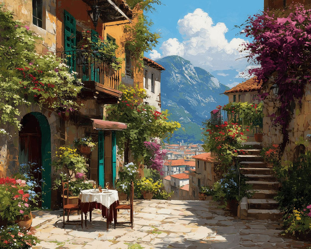 Tienda de Vinos en Pueblo Montañoso Pintar por Números