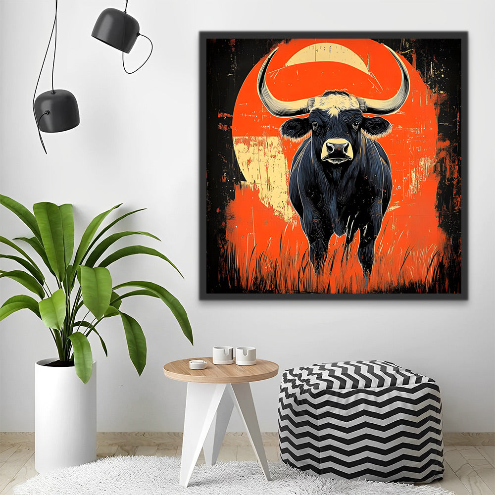Toro Negro en Césped con Fondo Rojo Pintar por Números