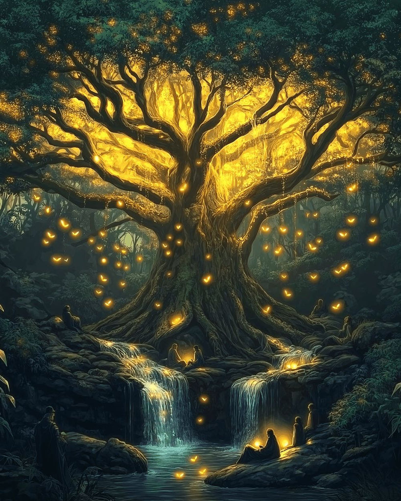 Trabajadores bajo el Árbol Dorado Misterioso Pintar por Números