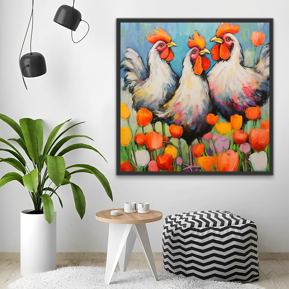 Tres Gallinas Blancas en los Tulipanes Pintar por Números