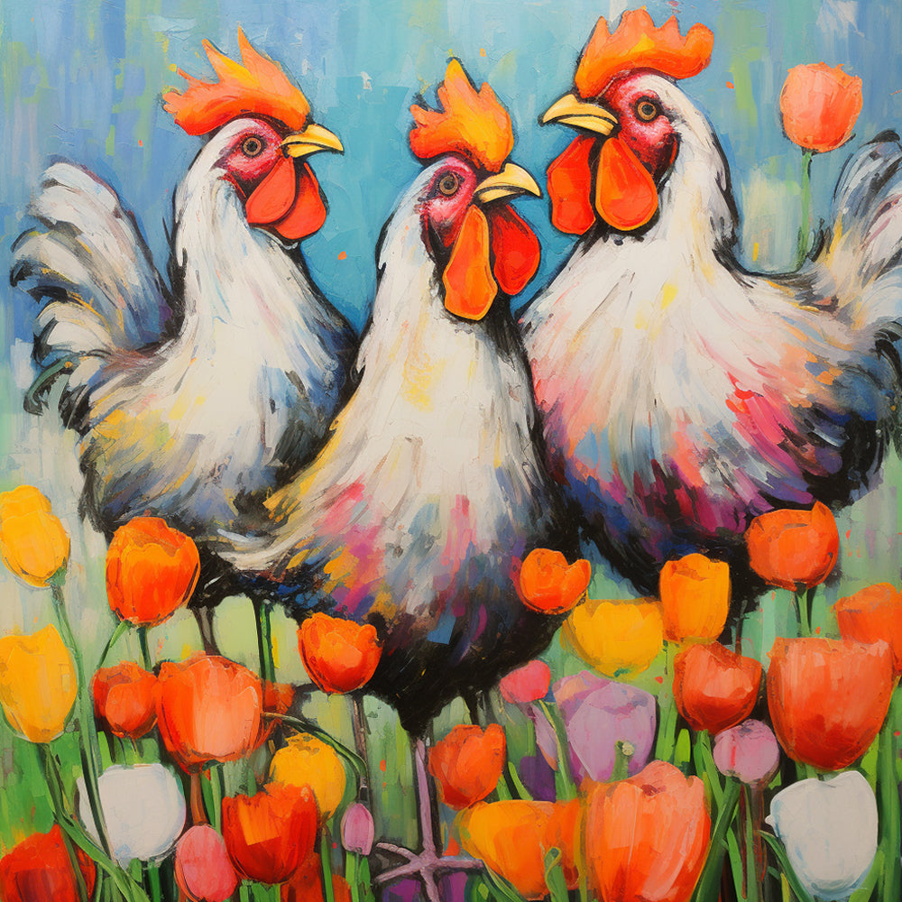 Tres Gallinas Blancas en los Tulipanes Pintar por Números