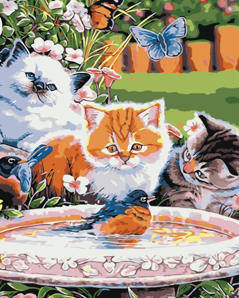 Tres Gatos Jugando al Lado de la Fuente de Jardín Pintar por Números