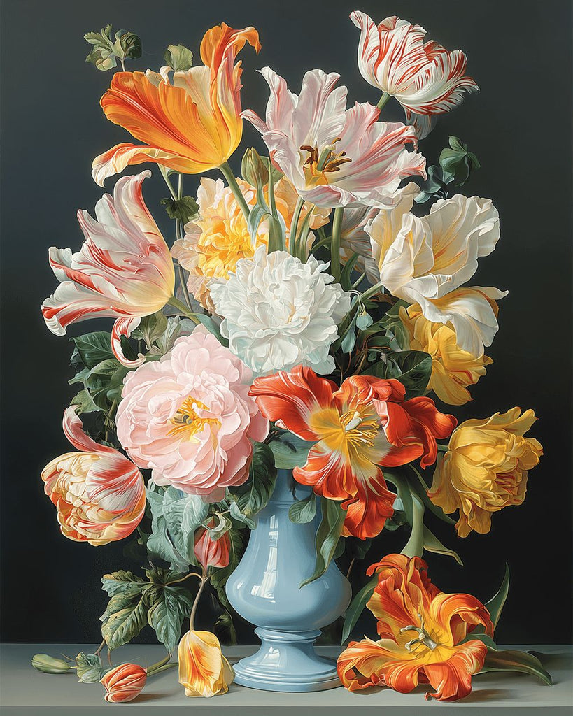 Tulipanes Coloridos en el Jarrón de Porcelana Azul Pintar por Números