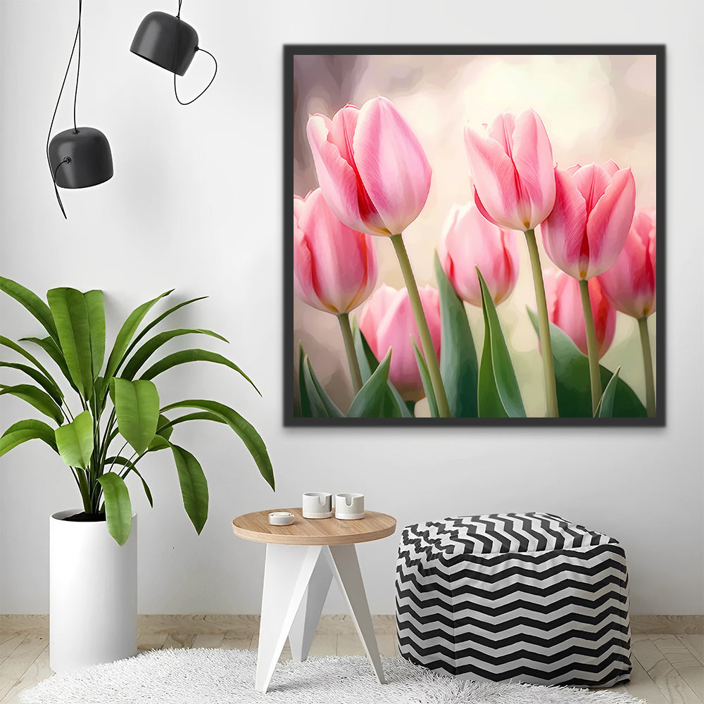 Tulipanes Rosados con Hojas Verdes Pintar por Números