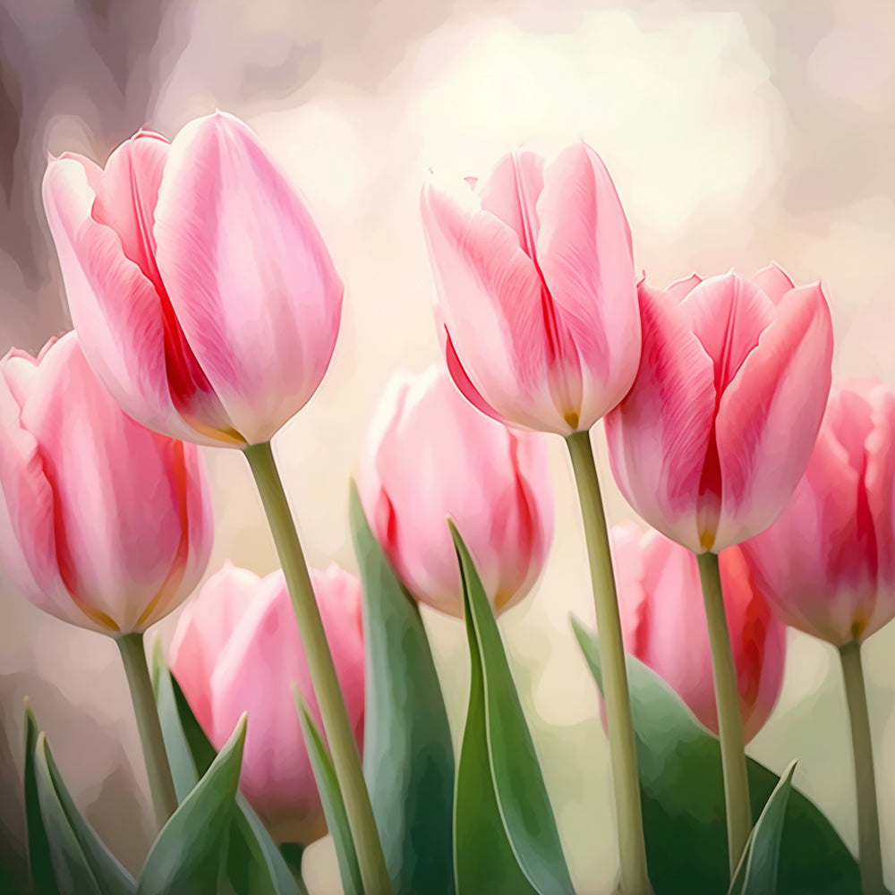 Tulipanes Rosados con Hojas Verdes Pintar por Números