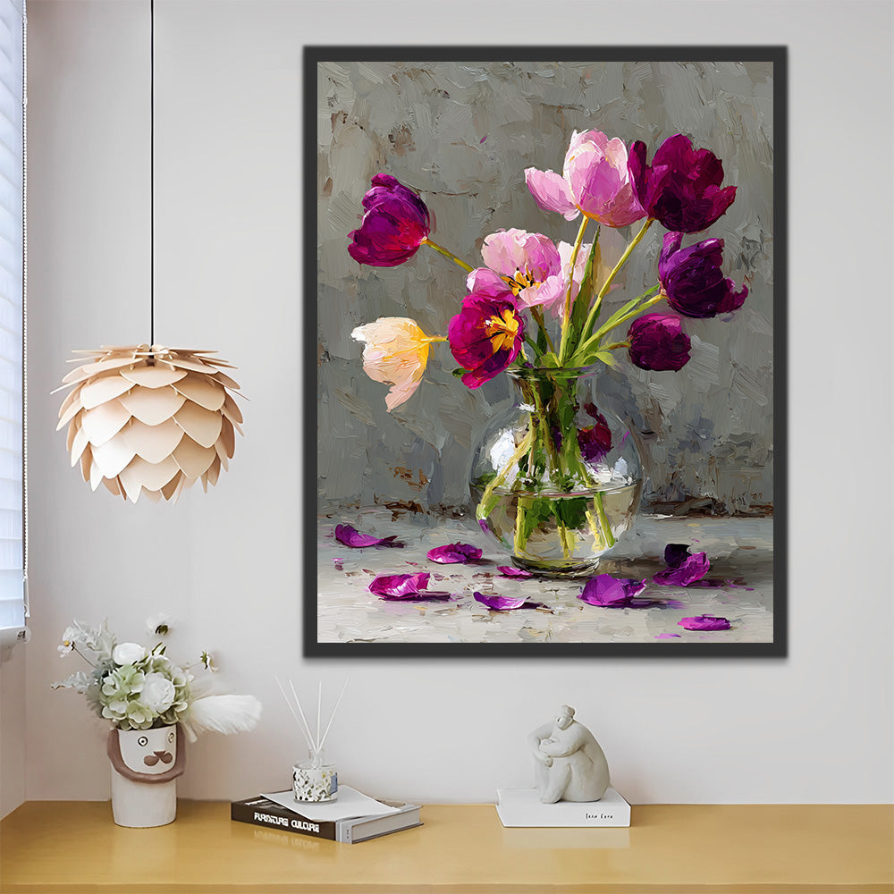 Tulipanes Rosados y Morados en el Jarrón de Vidrio Transparente Pintar por Números