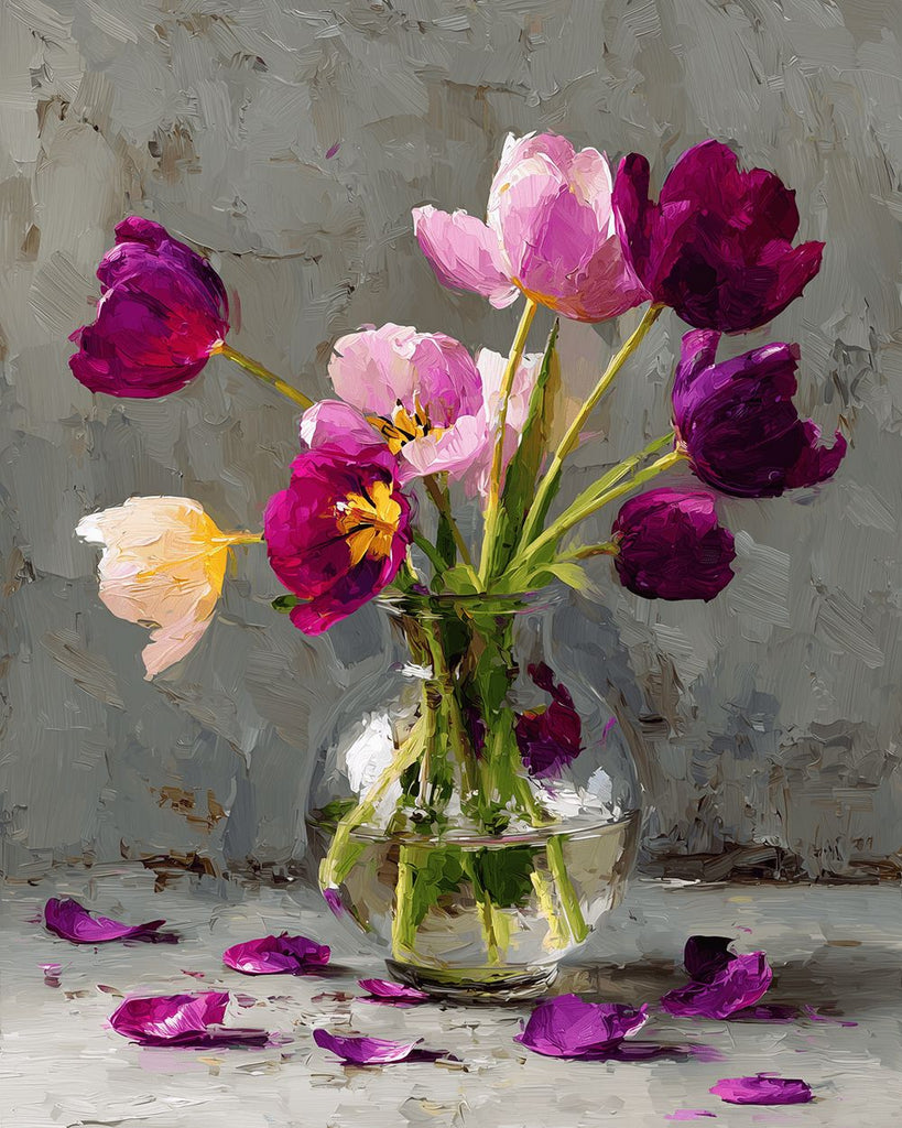 Tulipanes Rosados y Morados en el Jarrón de Vidrio Transparente Pintar por Números
