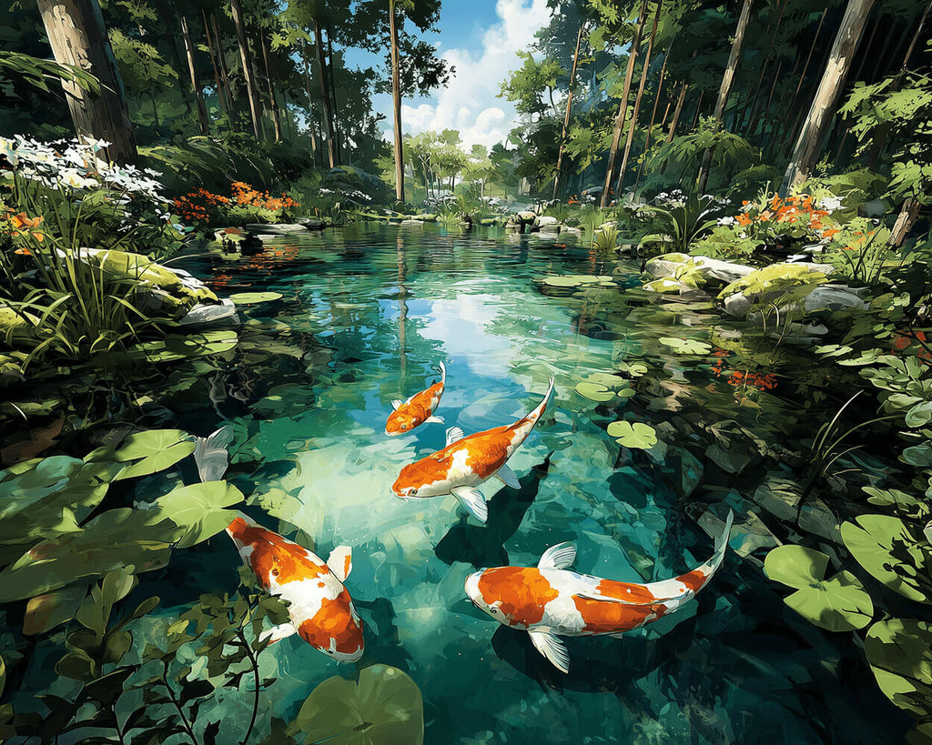 Un Grupo de Koi en Estanque del Bosque Pintar por Números