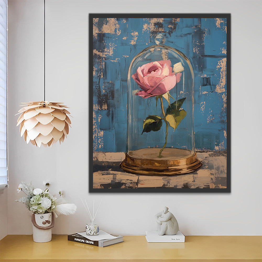 Una Rosa Rosada en Cúpula de Vidrio y Fondo Azul Pintar por Números