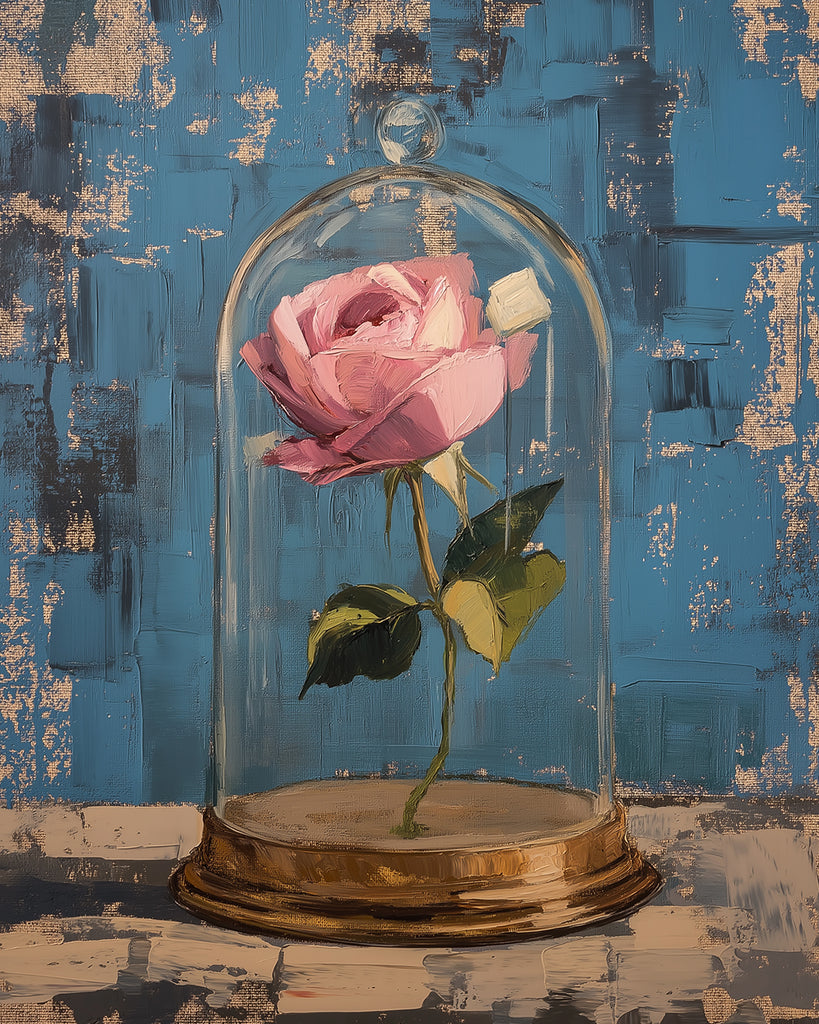 Una Rosa Rosada en Cúpula de Vidrio y Fondo Azul Pintar por Números