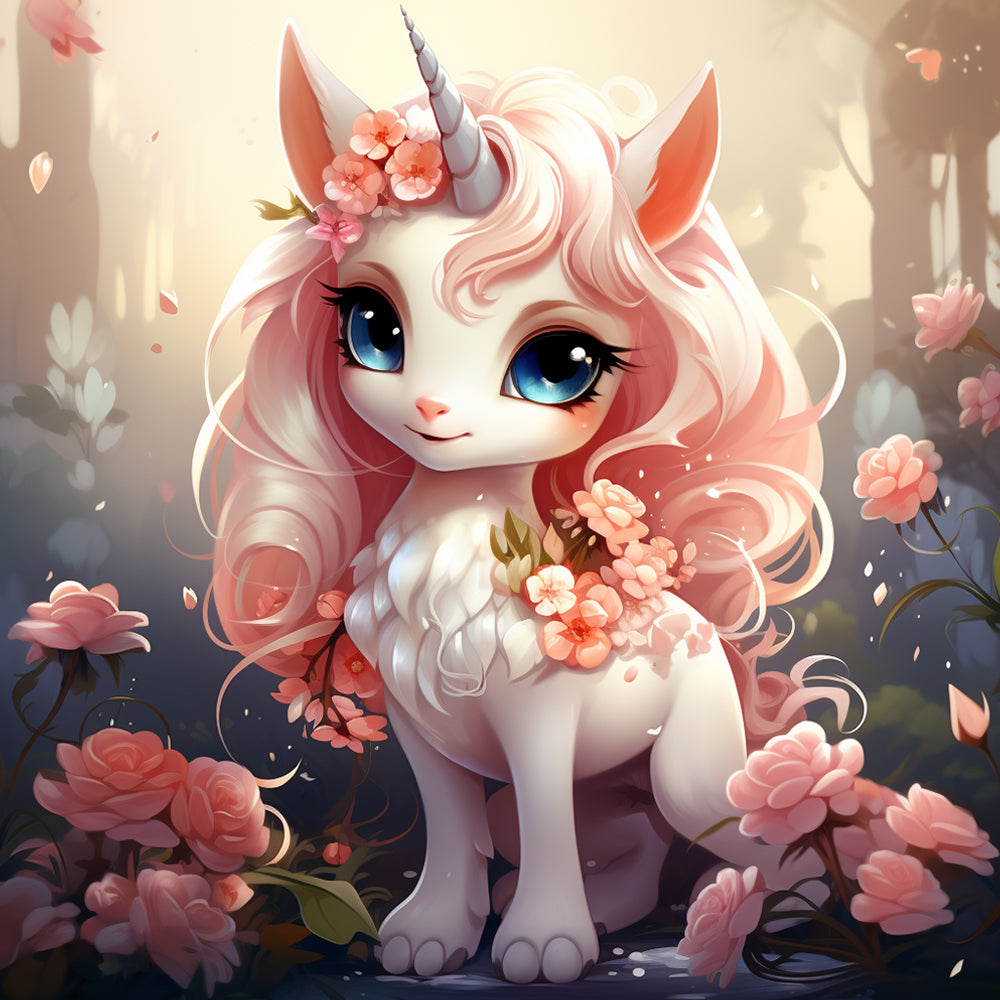 Unicornio Adorable de Ojos Grandes en las Flores Pintar por Números