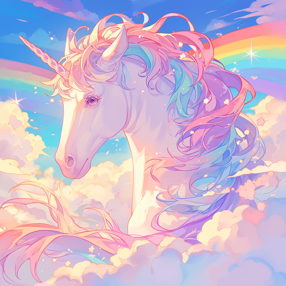 Unicornio con Melena Colorida entre Nubes y Arco Iris Pintar por Números