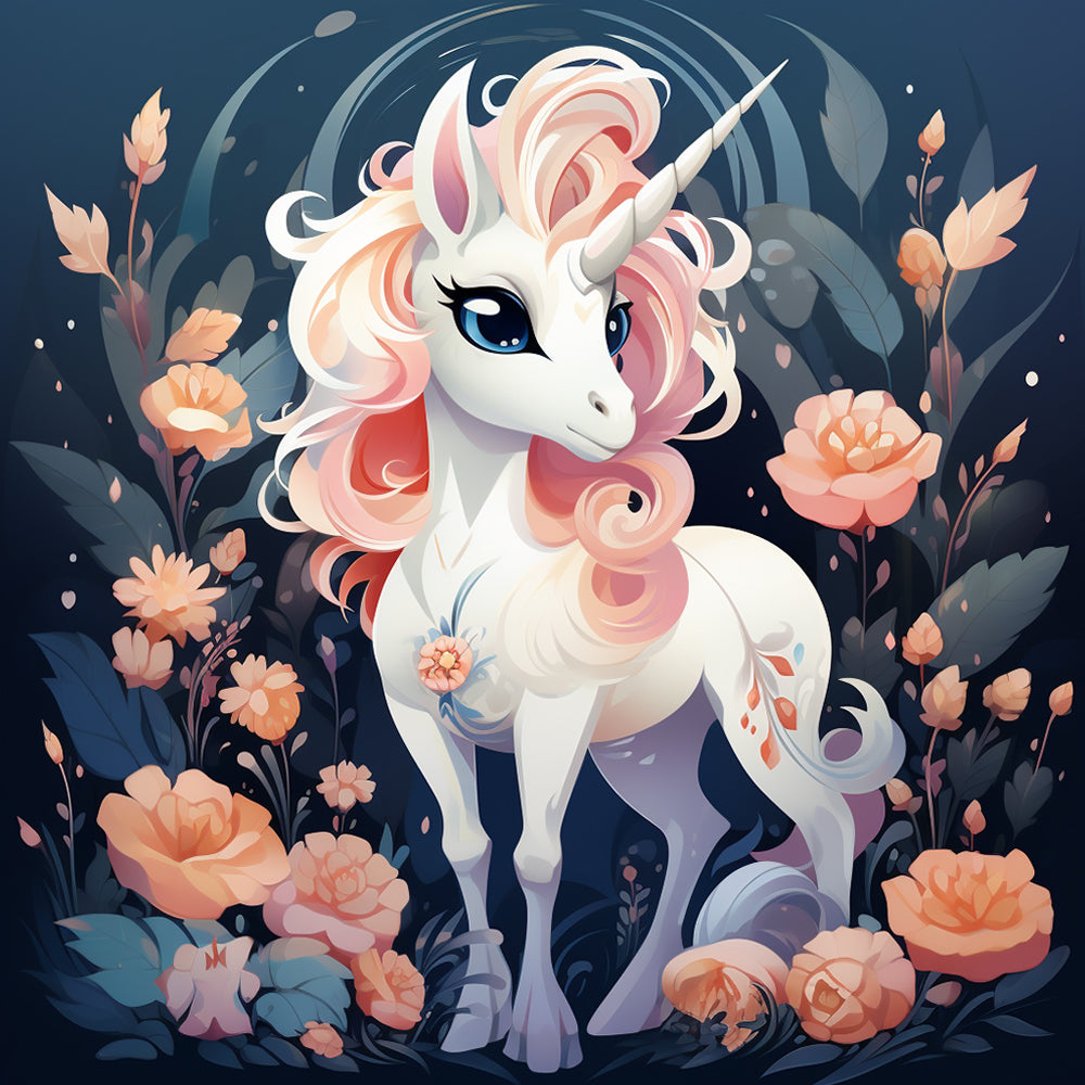 Unicornio con Melena Rosada Rodeado de Flores Pintar por Números