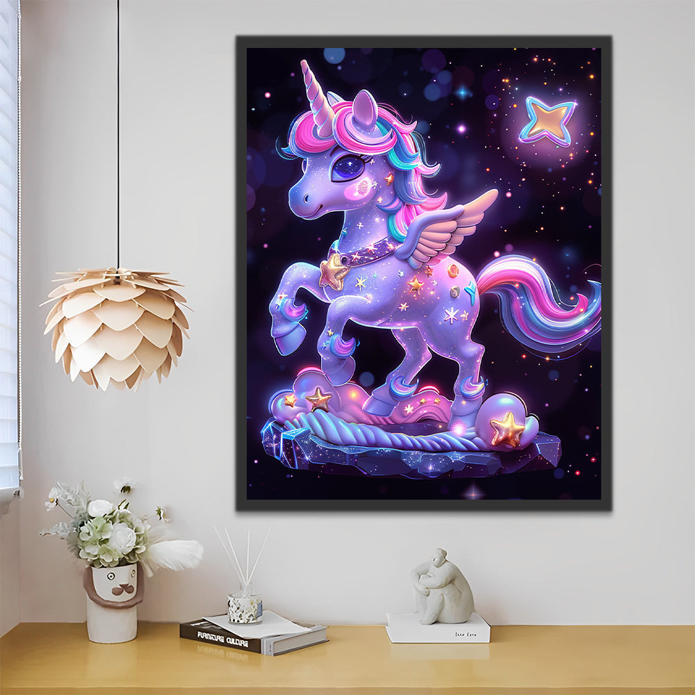 Unicornio Morado con Melena Colorida en la Noche Pintar por Números