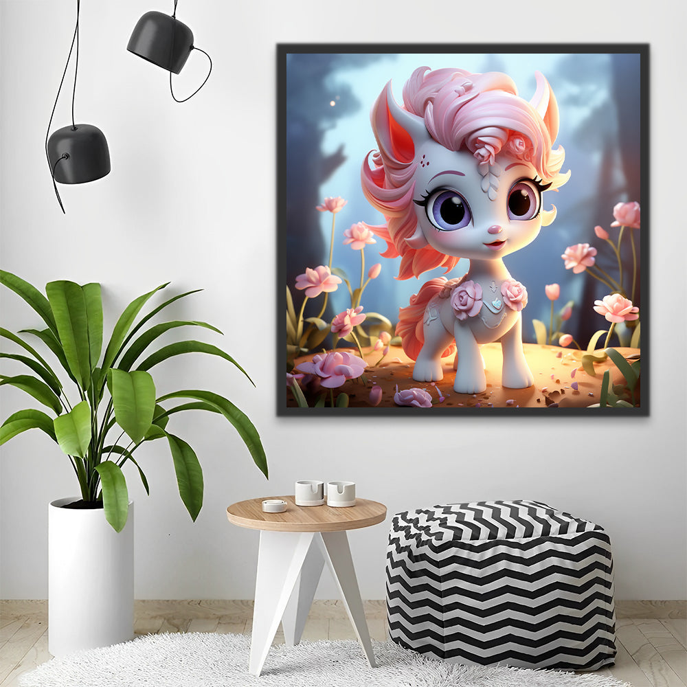 Unicornio Pequeño Lindo Rodeado de Flores Rosadas Pintar por Números