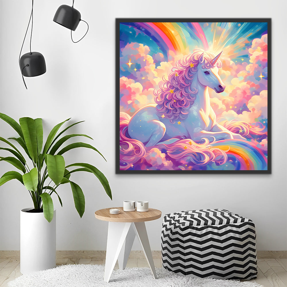 Unicornio Sentado sobre Nubes y Arco Iris Pintar por Números